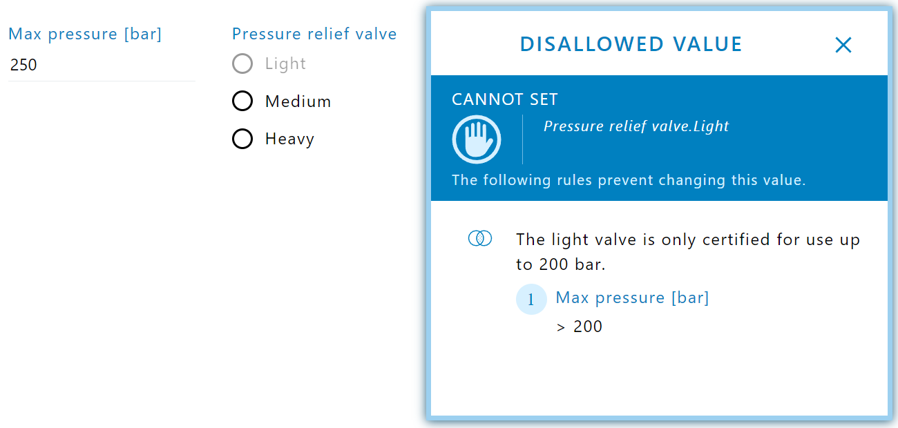 The CPQ system makes sure that disallowed combinations cannot be selected and informs the user.