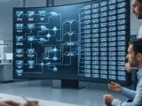 A digital flowchart showing technical machinery component selections on the left connecting through logic paths to a massive matrix grid of price calculations on the right.