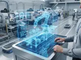 A futuristic Industry 4.0 concept showing a glowing blue digital twin holographic blueprint of a machine transitioning into an ultra-modern automated smart factory.